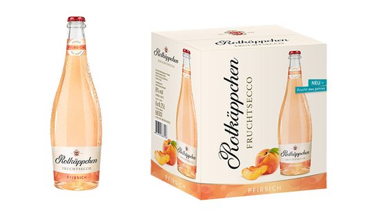 Eine Flasche Rotkäppchen Fruchtsecco steht neben einer Verpackung, die fruchtige Pfirsichgeschmack anpreist.