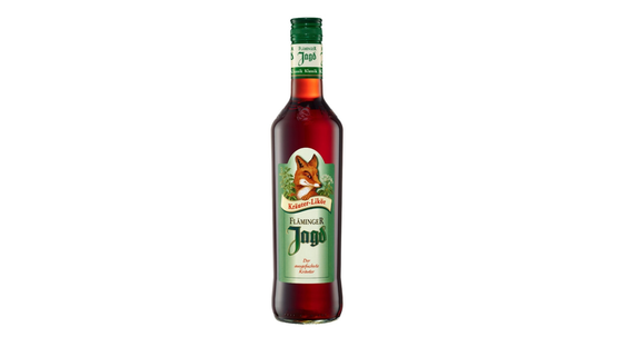 Eine stilvolle Flasche Kräuterlikör, Fläminger Jagd, mit einem Fuchs-Motiv und der Aufschrift 'Der ausgefuchste Kräuter'.