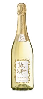 A bottle of Jules Mumm Sparkling Wine Medium Dry with a golden capsule and elegant label stands against a neutral background.