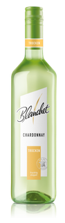 Eine grüne Flasche Chardonnay mit dem Etikett 'trocken' und dem Schriftzug 'Blanchet' in eleganter Schrift.