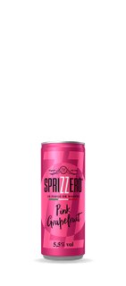 A pink beverage can with the imprint 'Sprizzerò Pink Grapefruit' and an alcohol content of 5.5% vol.