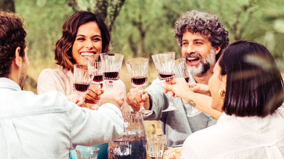 A group of five people happily raise their glasses of red wine to toast a special moment.