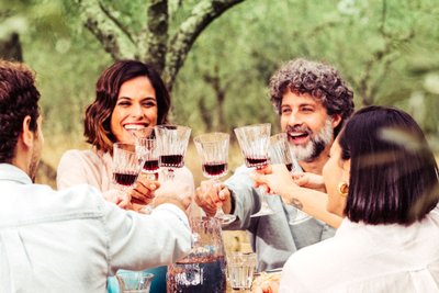 A group of five people happily raise their glasses of red wine to toast a special moment.