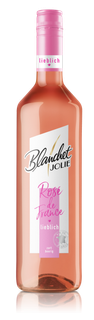 Die Flasche Rosé de France von Blanchet zeigt ein modernes Etikett mit dem Schriftzug 'lieblich' und einem zarten, beerigen Farbton.