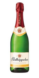 Eine Flasche Rotkäppchen Sekt mit rotem Korken und grünem Etikett, die frisch und sprudelnd aussieht.