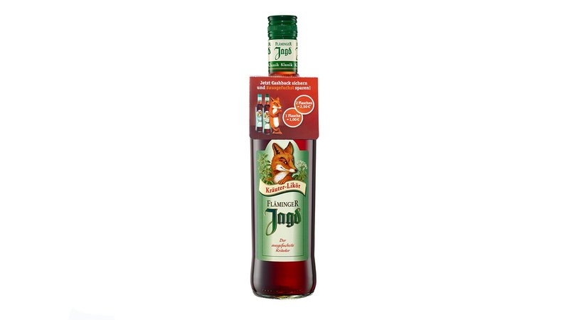 Eine Flasche Kräuterlikör mit einem bunten Rabattaufkleber, der Cashback-Angebote für den Fläminger Jagd bewirbt.