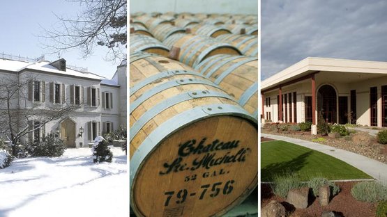 Detailaufnahme von Weinfässern mit der Aufschrift 'Château St. Michel', die die Tradition der Weinherstellung symbolisieren.