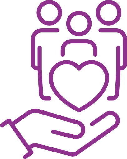 A stylized hand holds a heart while three figures stand above it, symbolizing care and community.