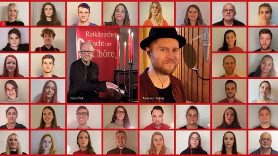 Eine Gruppe von Sängern in roten und schwarzen Outfits, die in einem virtuellen Chor zusammenkommen, um ein Lied zu präsentieren.