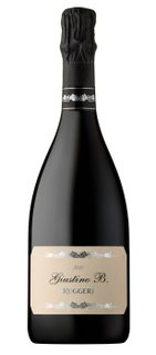 Eine elegante Flasche Prosecco mit schwarzem Korken und einem stilvollen Etikett, das den Namen 'Giustino B. Ruggeri' trägt.