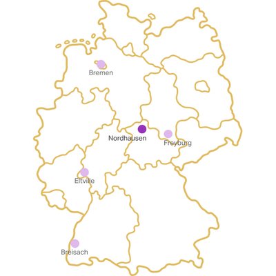 Ausbildungsstandorte: Eine schematische Karte Deutschlands mit hervorgehobenen Städten wie Nordhausen, Bremen und Freiburg in verschiedenen Farben.