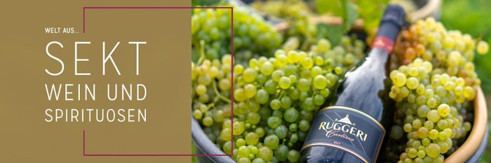 Eine Flasche Ruggeri Sekt liegt zwischen frischen, saftigen Trauben in einem Korb, umgeben von üppigem Grün.