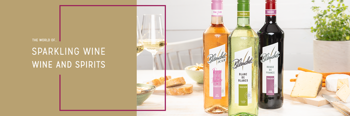Three bottles of Blanche wine sit on a table, surrounded by cheese and bread, in a bright, inviting room.