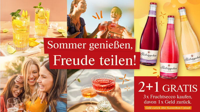 Keyvisual der Rotkäppchen Power-Promo: 2+1 Gratis Fruchtsecco