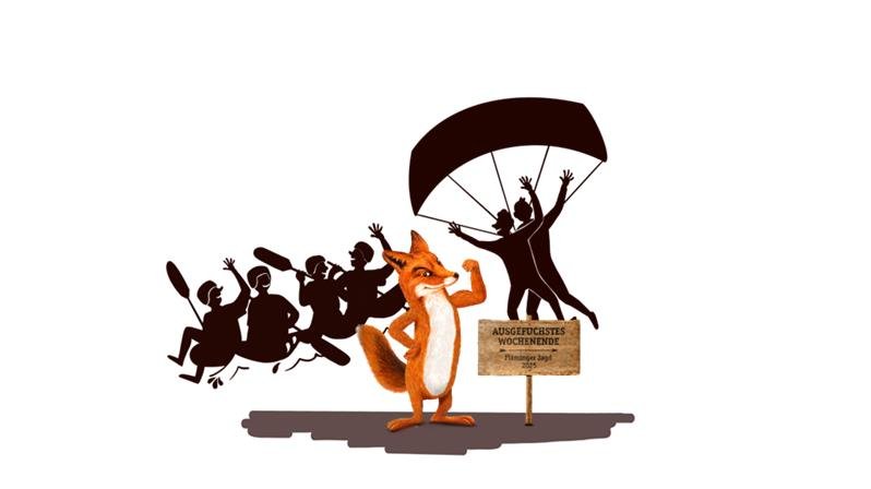Der orangefarbene Fuchs posiert selbstbewusst, während im Hintergrund eine Gruppe von Menschen mit einem Fallschirm ankommt und eine zweite Gruppe rudert.