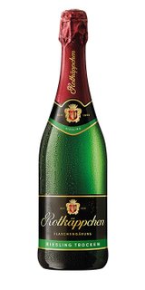 Eine Flasche Rotkäppchen Riesling Sekt mit einem eleganten, glitzernden Etikett und feinen Wassertropfen auf der Oberfläche.