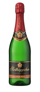 A bottle of Rotkäppchen sparkling wine with a green glass and red cork, labeled 'Spätburgunder Rosé Trocken'.