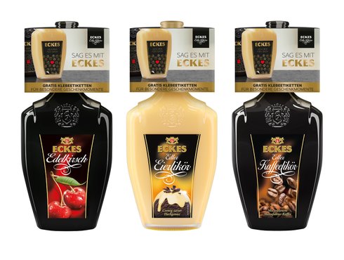 Drei Flaschen von Eckes Likören stehen nebeneinander, jede mit einem einzigartigen Geschmacksprofil und ansprechendem Design.