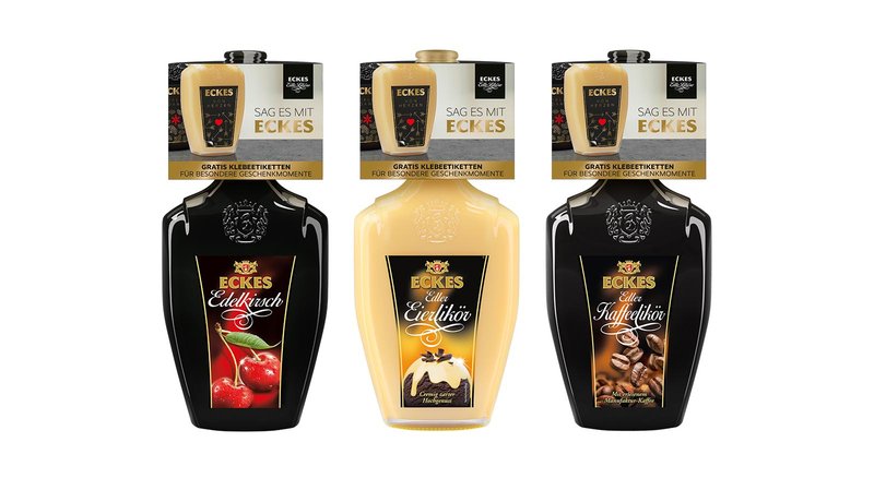 Die drei Likörflaschen von Eckes sind kunstvoll gestaltet und laden dazu ein, die verschiedenen Geschmäcker zu entdecken.