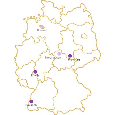 Ausbildungsstandorte: Eine schematische Karte Deutschlands mit hervorgehobenen Städten wie Bremen, Nordhausen, Freiburg, Eltville und Breisach.