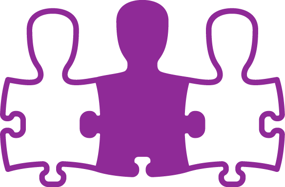 Three stylized figures in purple, arranged like puzzle pieces, symbolize cooperation and community.