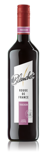 Eine elegante Flasche Rotwein von Blanchet mit einem roten Korken und einem Etikett, das 'Rouge de France' und 'trocken' zeigt.