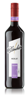 Eine elegante Flasche Rotwein von Blanchet mit einem roten Korken und einem klaren Etikett, das die Sorte Merlot und den Hinweis 'trocken' zeigt.