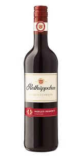 Eine Flasche Rotwein mit einem eleganten Etikett, das den Namen 'Rotkäppchen' und die Rebsorte 'Merlot-Regent' zeigt.