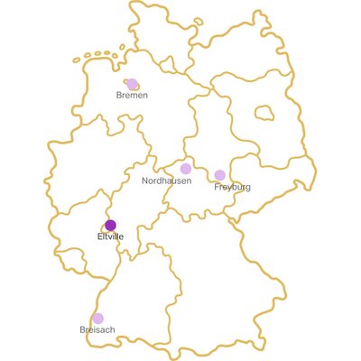 Ausbildungsstandort Eltville: Eine schematische Karte von Deutschland, die Eltville und andere Städte in unterschiedlichen Farbtönen anzeigt.
