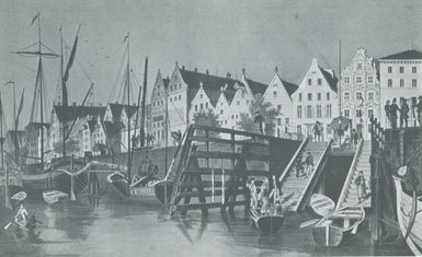 Painting of an old harbor with ships and people