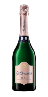 Eine elegante Flasche Geldermann Rosé Sekt mit einem schimmernden, rosafarbenen Korken und einem stilvollen Etikett.