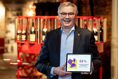 Ein lächelnder Mann hält ein Tablet mit einer Grafik, die besagt, dass 64 % Genussmomente in Krisenzeiten wichtig sind.