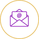 The image shows a minimalist email icon in purple that combines an envelope and an @ sign.