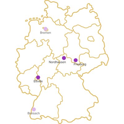 Ausbildungsstandorte: Eine schematische Karte Deutschlands mit hervorgehobenen Städten wie Bremen, Nordhausen und Eltville in lila.