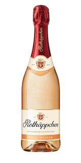 Der roséfarbene Sekt in einer stilvollen Flasche, die das Logo von Rotkäppchen und die Bezeichnung 'trocken' zeigt.