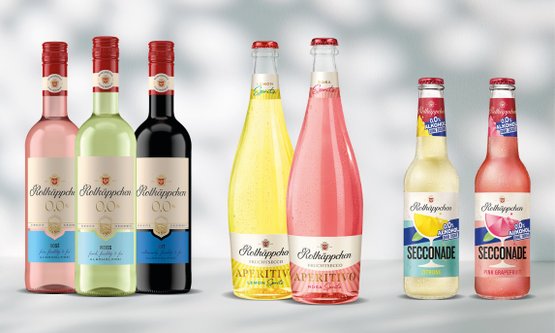 Flaschenabbildungen Rotkäppchen Neuprodukte vor grauem Hintergrund: Rotkäppchen Wein Alkoholfrei (rosé, weiß, rot), Fruchtsecco Aperitivo Lemon & Rosa Spritz und Secconade 0,0 Zitrone und Pink Grapefruit