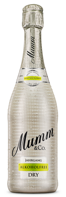 A bottle of Mumm sparkling wine, alcohol-free, with water drops on the surface, symbolizing freshness and quality.