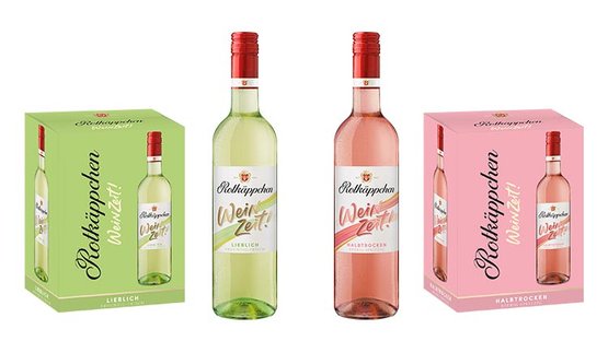 Auf dem Bild sind zwei Weinflaschen und eine Box zu sehen, die die verschiedenen Sorten von Rotkäppchen Wein präsentieren.