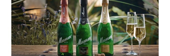Drei Flaschen Mumm Sekt stehen auf einem Holztisch, umgeben von grünen Pflanzen und lila Blumen im Hintergrund.