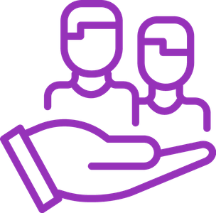 A hand holds two stylized figures that symbolize community and support.