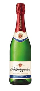 The Rotkäppchen sparkling wine, semi-dry, is presented in an elegant bottle with a striking red cork.