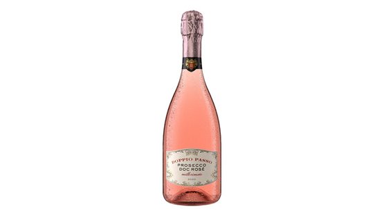Eine Flasche Doppio Passo Prosecco DOC Rosé mit einem eleganten, rosafarbenen Etikett und einem schimmernden Korken.