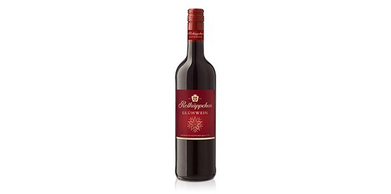 Der Glühwein in einer stilvollen Flasche, die mit einem festlichen Design und einer roten Kappe versehen ist.