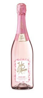 A bottle of Jules Mumm Rosé Dry with an elegant pink label and a shimmering cork.