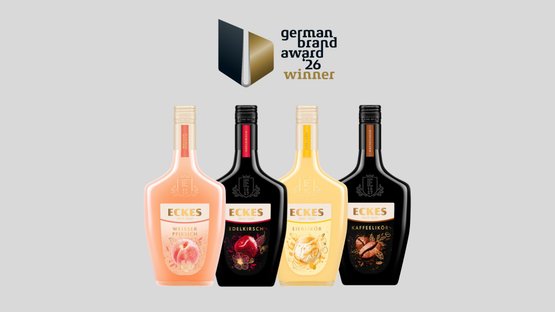 ECKES Weißer Pfirsich, ECKES Kirschlikör, ECKES Eierlikör und ECKES Kaffeelikör unter dem Logo "German Brand Award"